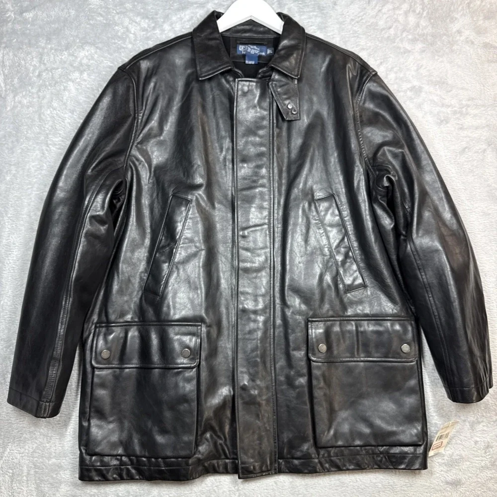 Vintage Polo Ralph Lauren Leather Jacket Men Large Black Wool Lined Car Coat